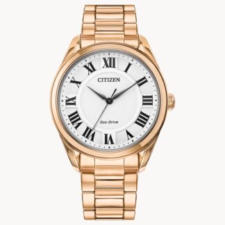Elegant rose gold Citizen wristwatch with white dial and Roman numerals.