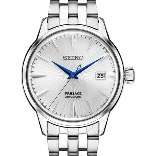 Elegant Seiko Presage watch with silver dial and blue hands.