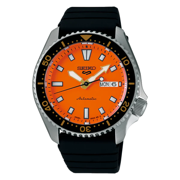 Diving watch with bright orange dial and black strap.